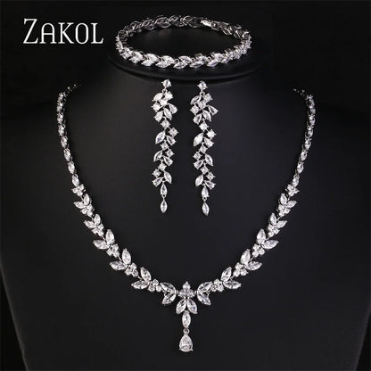 ZAKOL Luxury Zirconia Leaf Bridal Jewelry Set – Elegant Necklace, Earrings, Ring & Bracelet for Weddings