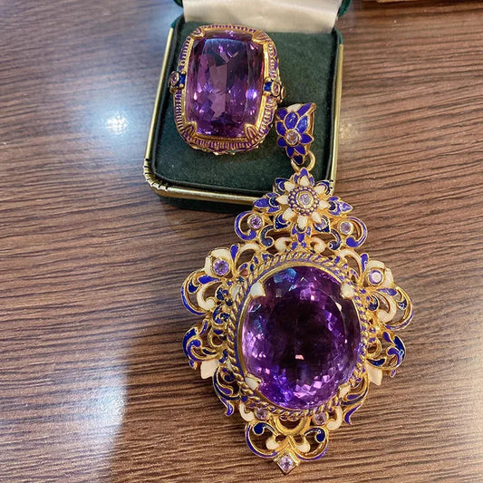 Vintage Royalty: Oval Purple Stone Jewelry Set – Enamel Pendant Necklace & Matching Ring for Women