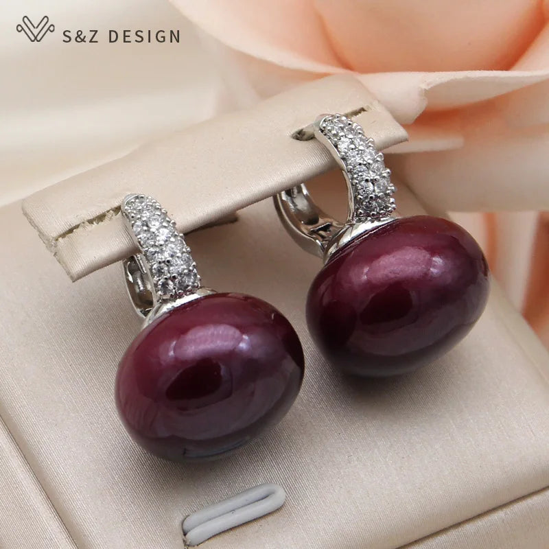 S&Z DESIGN Elegant Bread Round Pearl Dangle Earrings – Cubic Zirconia Wedding Jewelry Gift for Women