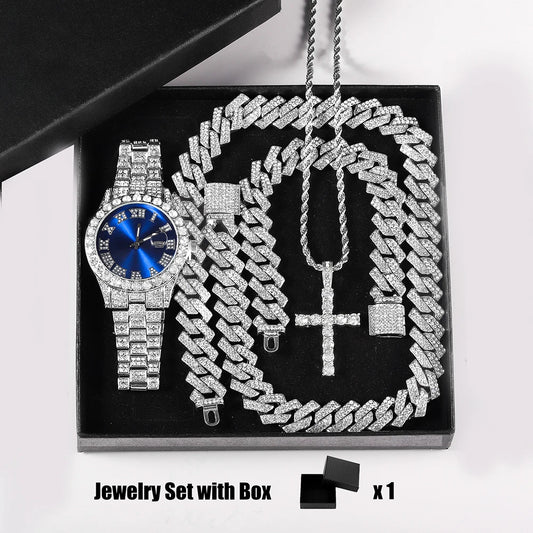 Men's Quartz Watch + Cuban Chain & Cross Bracelet Gift Set | Hip Hop Iced-Out Luxury Box