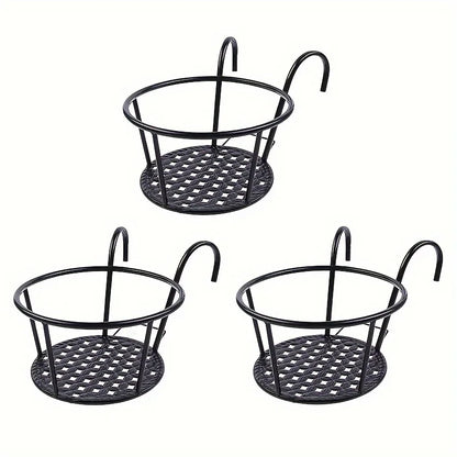 SkyBloom™ Hanging Metal Flower Pots (Set of 3) – Iron Art Planters with Hooks for Balcony & Fence
