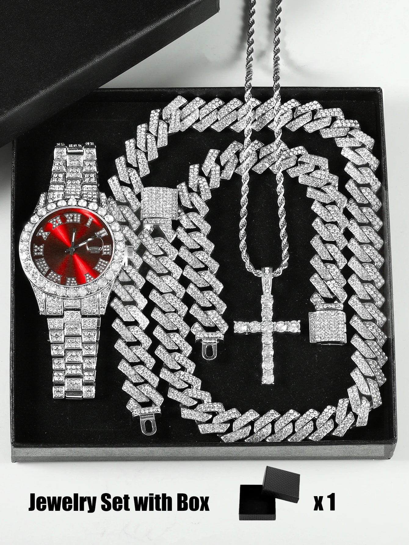 Men's Quartz Watch + Cuban Chain & Cross Bracelet Gift Set | Hip Hop Iced-Out Luxury Box