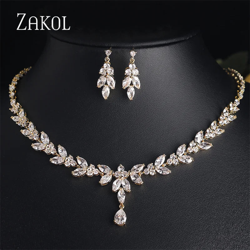 ZAKOL Luxury Zirconia Leaf Bridal Jewelry Set – Elegant Necklace, Earrings, Ring & Bracelet for Weddings