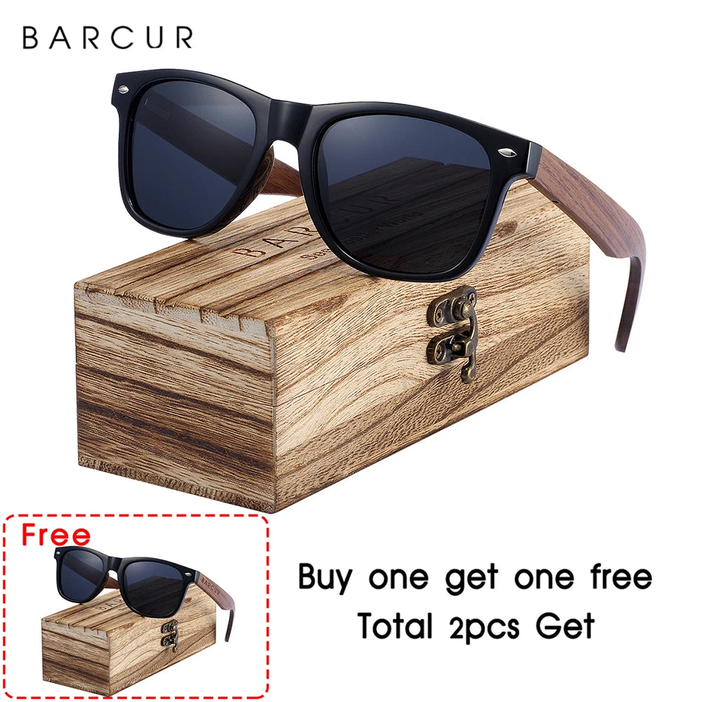 BARCUR™ Premium Black Walnut Wood Polarized Sunglasses for Men – UV400 Square Frame Eyewear + Gift Box