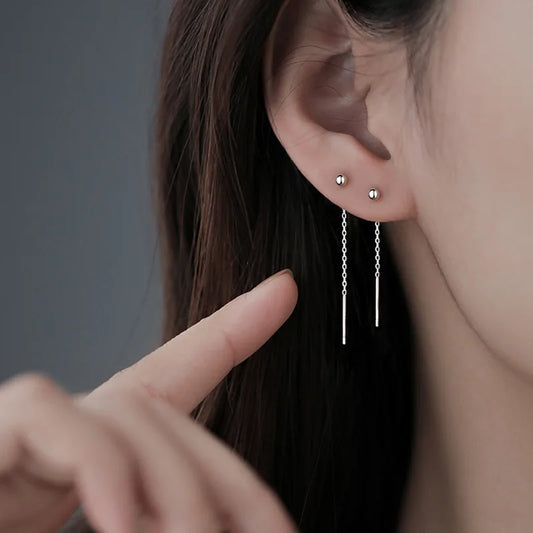 Minimalist Geometric Tassel Earrings – Long Silver Ball Drop Chain Dangle for Women | Trendy K-Pop Inspired Jewelry