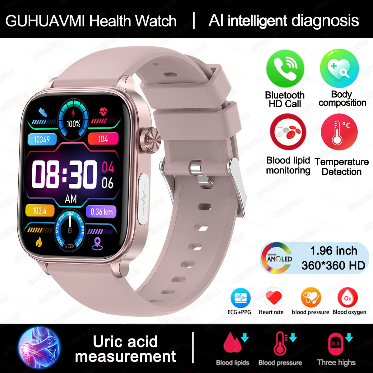 2025 VitalCare™ ECG+PPG Smartwatch – Advanced Blood Pressure, Lipid, Uric Acid & Menstrual Health Tracker for Women