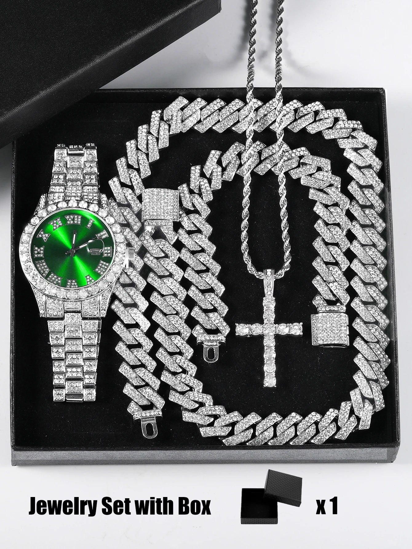 Men's Quartz Watch + Cuban Chain & Cross Bracelet Gift Set | Hip Hop Iced-Out Luxury Box