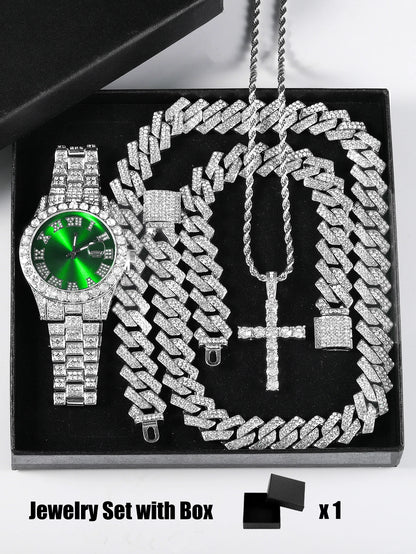 Men's Quartz Watch + Cuban Chain & Cross Bracelet Gift Set | Hip Hop Iced-Out Luxury Box