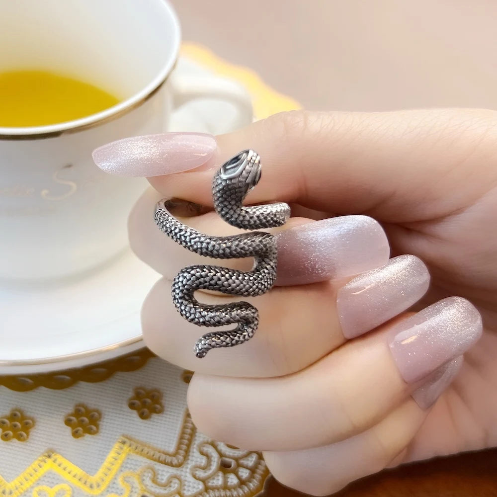 ObsidianSerpent™ Blackened Snake Ring – 925 Sterling European Glam