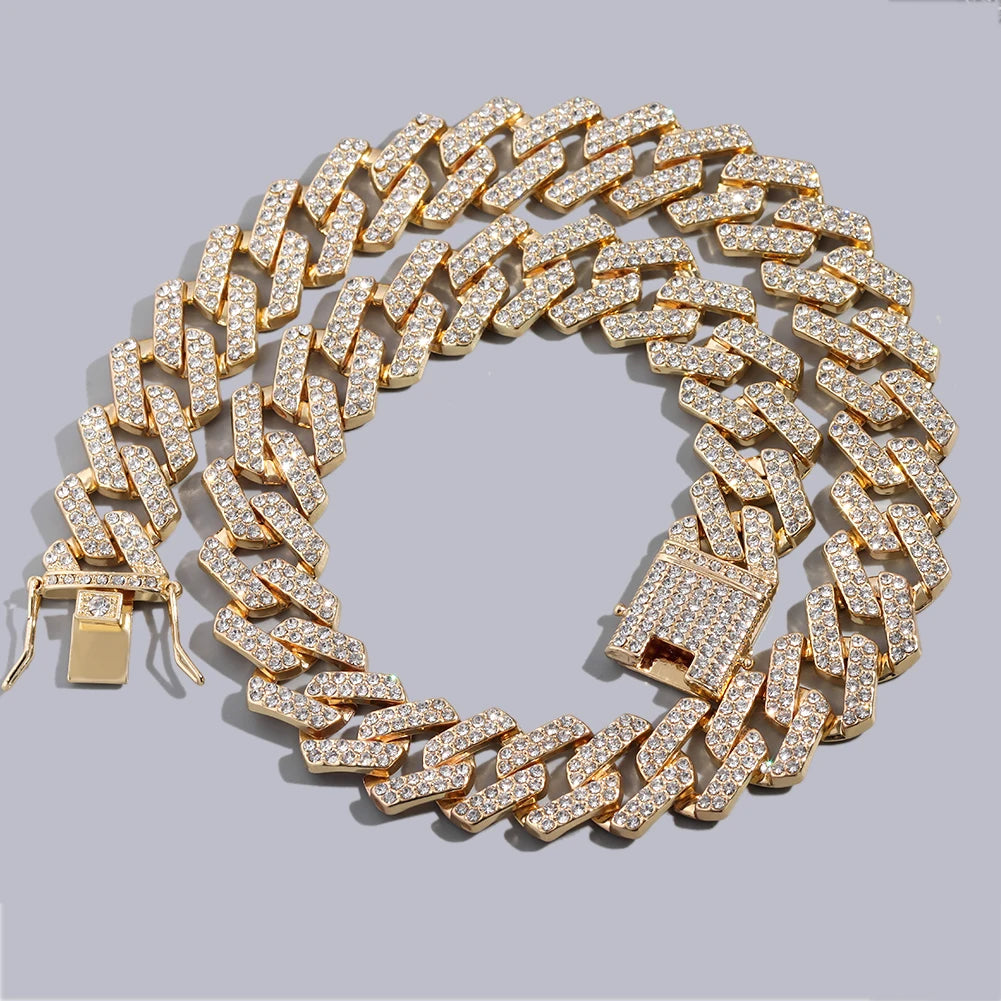 Iced Out Prong Cuban Link Chain – 2 Row AAA Rhinestones | 13/14/20mm | Men's Hip Hop Necklace