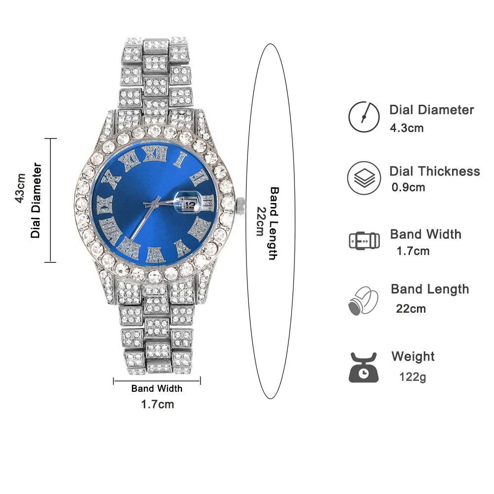 Men's Quartz Watch + Cuban Chain & Cross Bracelet Gift Set | Hip Hop Iced-Out Luxury Box