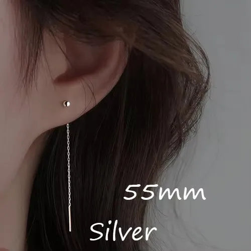 Minimalist Geometric Tassel Earrings – Long Silver Ball Drop Chain Dangle for Women | Trendy K-Pop Inspired Jewelry