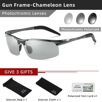 CLLOIO Polarized Photochromic Sunglasses – UV400 Day/Night Driving Chameleon Glasses for Men (Aluminum Frame)