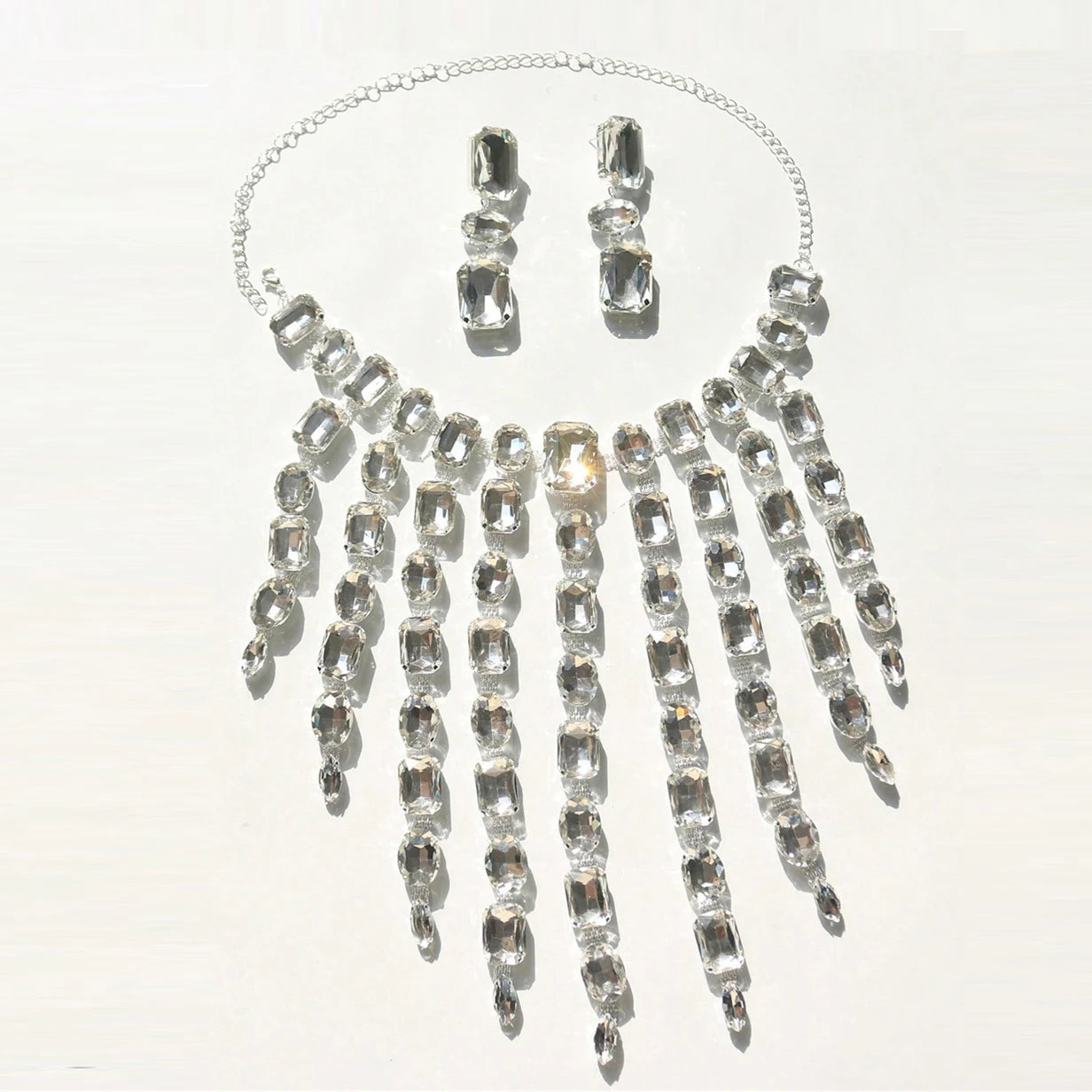 CrystalCascade™ Oversized Summer Statement Necklace & Earrings Set – Exaggerated Tassel Rhinestone Square Design