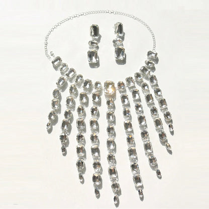CrystalCascade™ Oversized Summer Statement Necklace & Earrings Set – Exaggerated Tassel Rhinestone Square Design