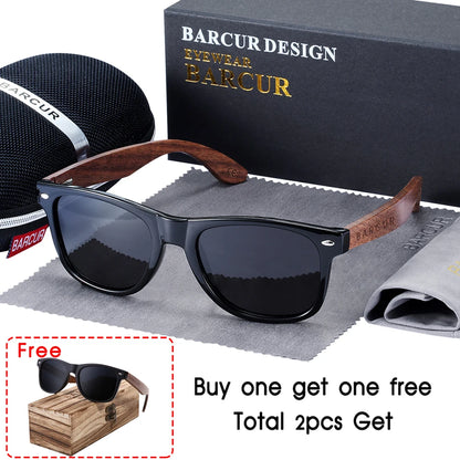 BARCUR™ Premium Black Walnut Wood Polarized Sunglasses for Men – UV400 Square Frame Eyewear + Gift Box