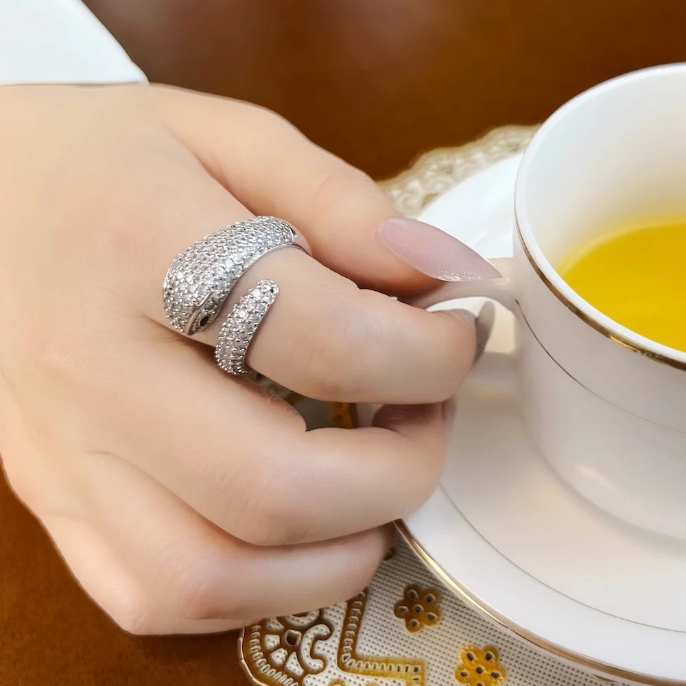 FrostViper™ White Pave Snake Ring – 925 Sterling European Glam