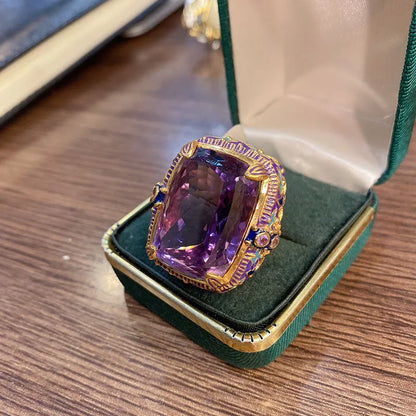 Vintage Royalty: Oval Purple Stone Jewelry Set – Enamel Pendant Necklace & Matching Ring for Women