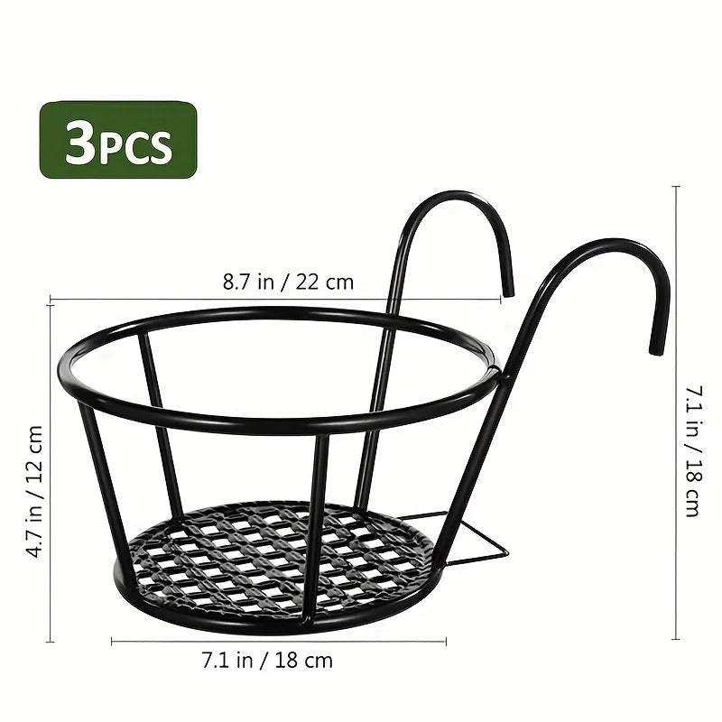 SkyBloom™ Hanging Metal Flower Pots (Set of 3) – Iron Art Planters with Hooks for Balcony & Fence