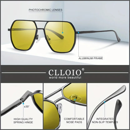 CLLOIO™ Anti-Glare Photochromic Polarized Driving Sunglasses – Day & Night Vision | Aluminum Alloy Frame | UV400 Protection