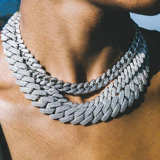 Iced Out Prong Cuban Link Chain – 2 Row AAA Rhinestones | 13/14/20mm | Men's Hip Hop Necklace