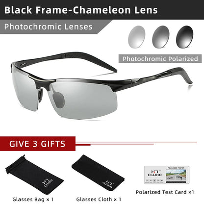 CLLOIO Polarized Photochromic Sunglasses – UV400 Day/Night Driving Chameleon Glasses for Men (Aluminum Frame)