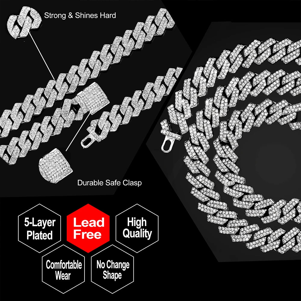 Iced Out Prong Cuban Link Chain – 2 Row AAA Rhinestones | 13/14/20mm | Men's Hip Hop Necklace
