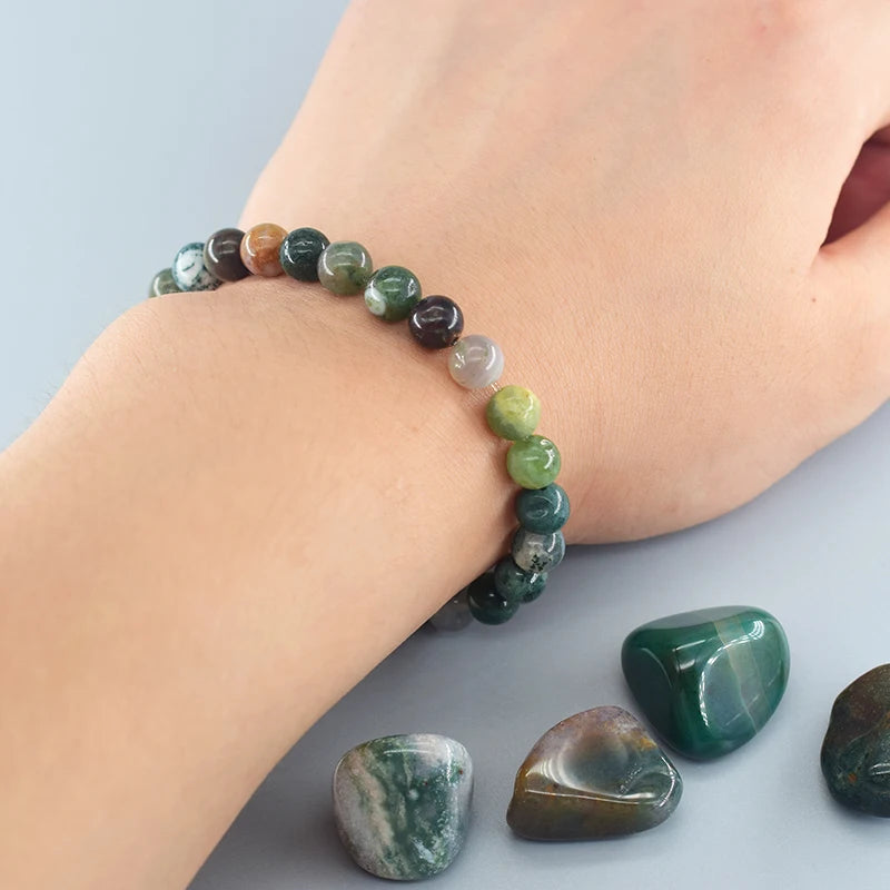 Indian Agate Natural Stone Bead Bracelet – Colorful Crystal Healing Strand for Women | Energy, Balance & Yoga Gift Jewelry