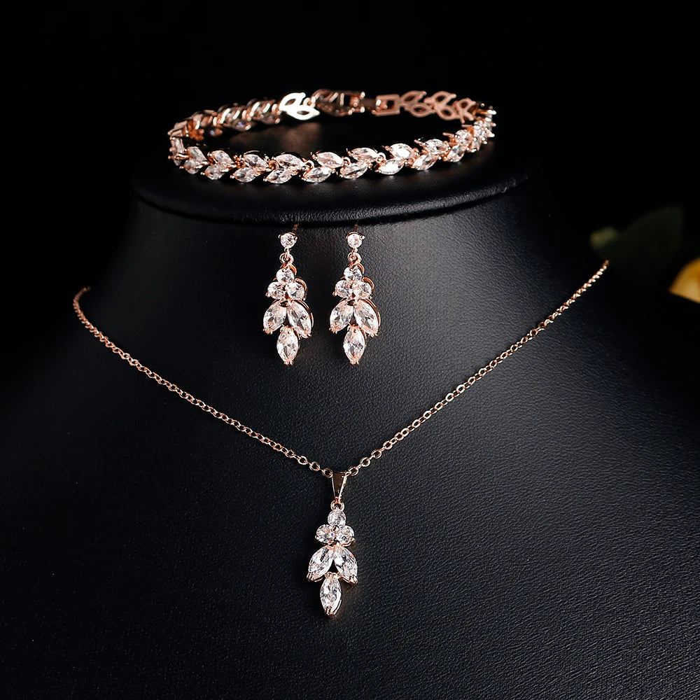 ZAKOL Luxury Zirconia Leaf Bridal Jewelry Set – Elegant Necklace, Earrings, Ring & Bracelet for Weddings