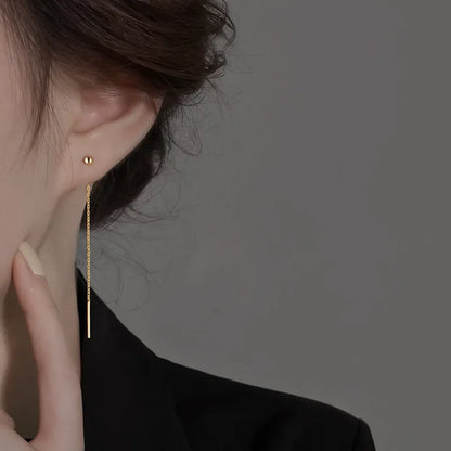 Minimalist Geometric Tassel Earrings – Long Silver Ball Drop Chain Dangle for Women | Trendy K-Pop Inspired Jewelry