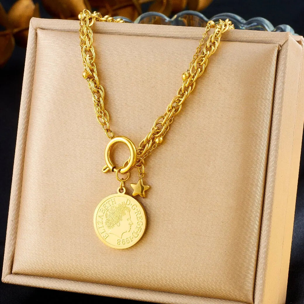 DIEYURO™ Golden Star Portrait Coin Jewelry Set – Necklace, Earrings & Bracelet