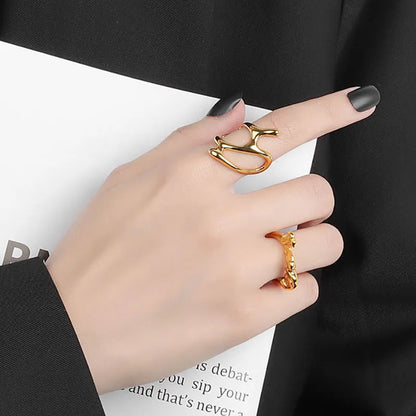 MeltWave™ Y2K Pleated Gold Open Ring – Liquid Metal Punk Fashion