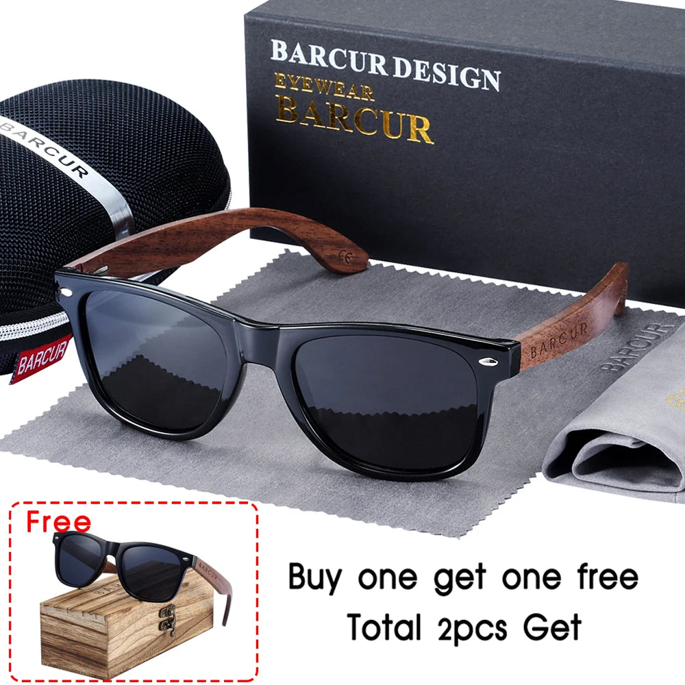 BARCUR™ Premium Black Walnut Wood Polarized Sunglasses for Men – UV400 Square Frame Eyewear + Gift Box