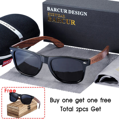 BARCUR™ Premium Black Walnut Wood Polarized Sunglasses for Men – UV400 Square Frame Eyewear + Gift Box