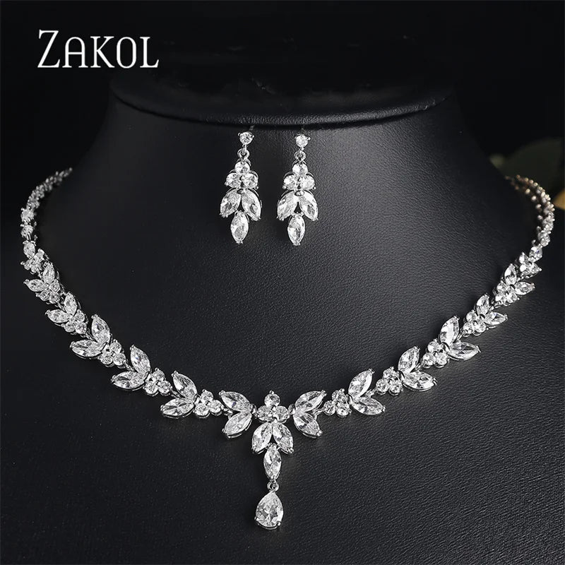ZAKOL Luxury Zirconia Leaf Bridal Jewelry Set – Elegant Necklace, Earrings, Ring & Bracelet for Weddings