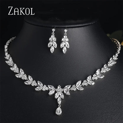 ZAKOL Luxury Zirconia Leaf Bridal Jewelry Set – Elegant Necklace, Earrings, Ring & Bracelet for Weddings