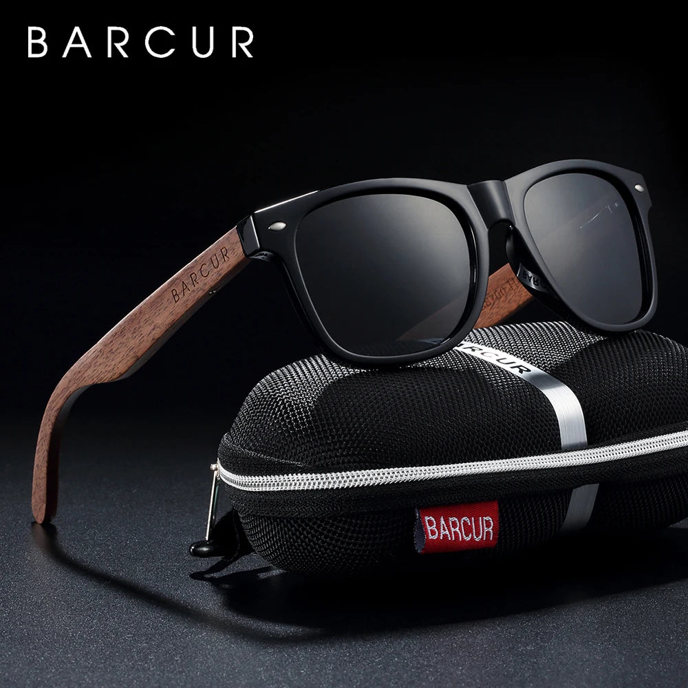 BARCUR™ Premium Black Walnut Wood Polarized Sunglasses for Men – UV400 Square Frame Eyewear + Gift Box