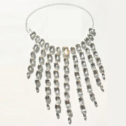 CrystalCascade™ Oversized Summer Statement Necklace & Earrings Set – Exaggerated Tassel Rhinestone Square Design