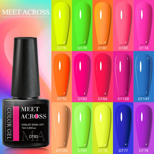 MEET ACROSS Neon Fluorescent UV Gel Nail Polish – 7ml Summer Bright Semi-Permanent Varnish for Bold Nail Art