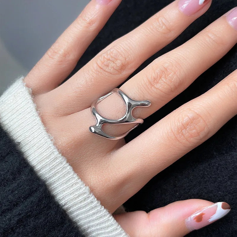 MeltWave™ Y2K Pleated Gold Open Ring – Liquid Metal Punk Fashion