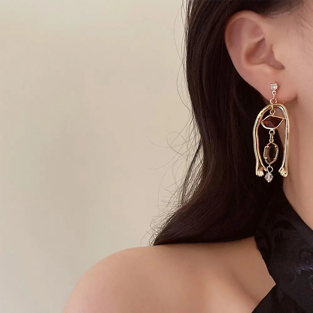 Vintage Abstract Art Asymmetric Drop Earrings – Humanoid Hand Statement Jewelry for Women