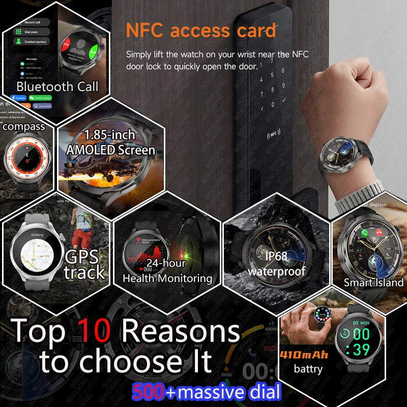 1.85" AMOLED GPS Smartwatch for Men – Outdoor Waterproof Sports Watch with NFC, Bluetooth Calls & Health Tracking