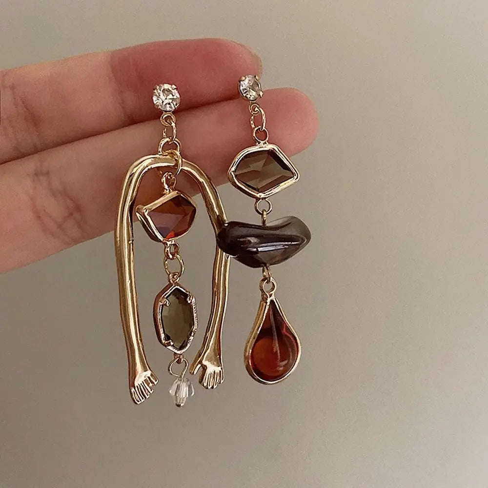Vintage Abstract Art Asymmetric Drop Earrings – Humanoid Hand Statement Jewelry for Women
