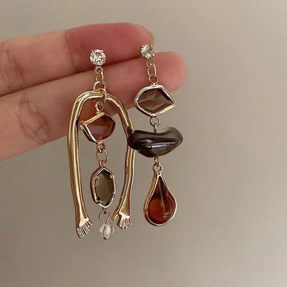 Vintage Abstract Art Asymmetric Drop Earrings – Humanoid Hand Statement Jewelry for Women
