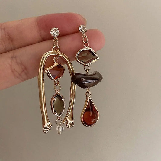 Vintage Abstract Art Asymmetric Drop Earrings – Humanoid Hand Statement Jewelry for Women