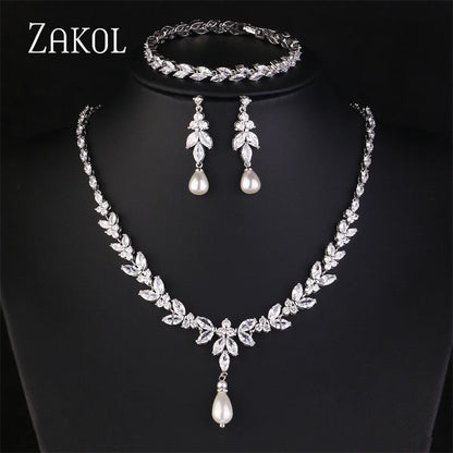 ZAKOL Luxury Zirconia Leaf Bridal Jewelry Set – Elegant Necklace, Earrings, Ring & Bracelet for Weddings