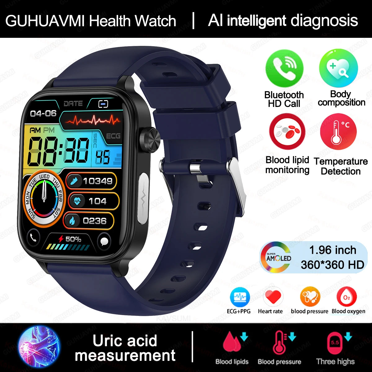 2025 VitalCare™ ECG+PPG Smartwatch – Advanced Blood Pressure, Lipid, Uric Acid & Menstrual Health Tracker for Women