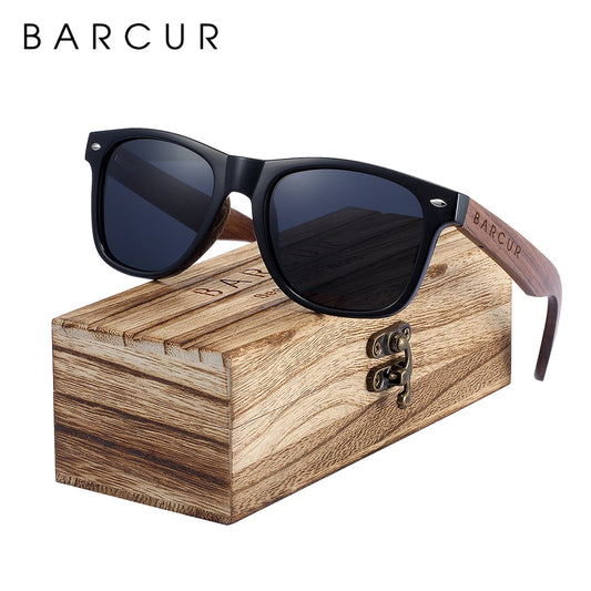 BARCUR™ Premium Black Walnut Wood Polarized Sunglasses for Men – UV400 Square Frame Eyewear + Gift Box