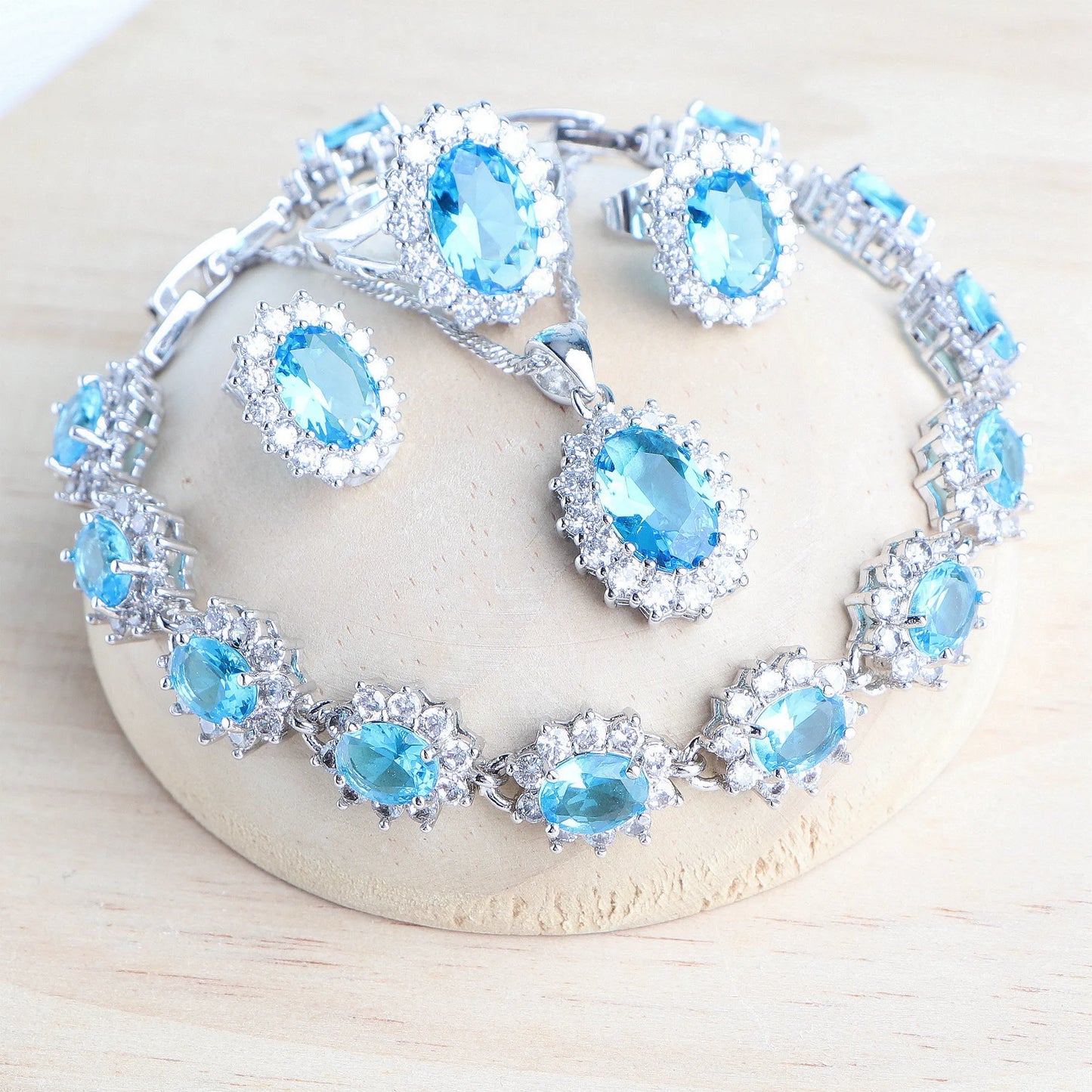Celestial Blue Bridal Set – 925 Sterling Silver Wedding Jewelry with Blue Zirconia Stones