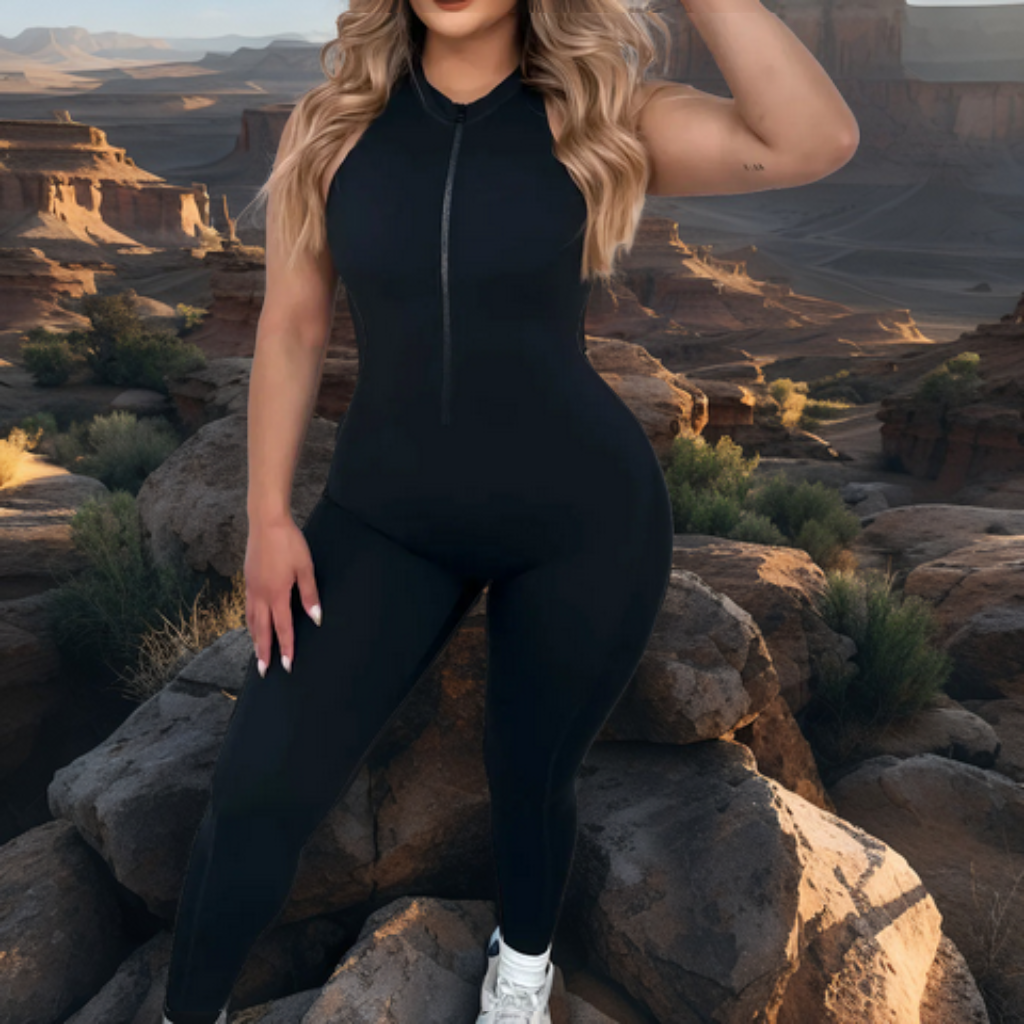 FlexFit™ Zipper Padded Yoga Romper – One-Piece Sleeveless Sports Bodysuit for Women